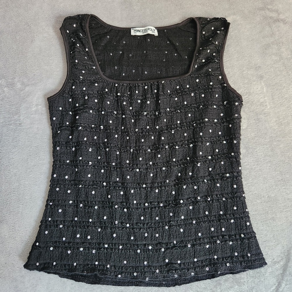 New Princess Polly Tank Top 8 Black Polka Dot Smocked Ruched Ruffle Square Neck